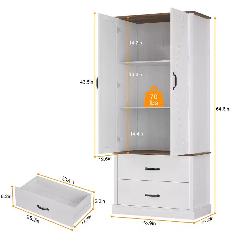 Garde-manger de cuisine moderne avec étagères réglables et 2 portes et tiroirs, Buffet pour salle à manger, salon, Blanc et gris rustique