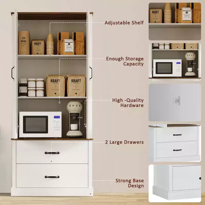 Garde-manger de cuisine moderne avec étagères réglables et 2 portes et tiroirs, Buffet pour salle à manger, salon, Blanc et gris rustique