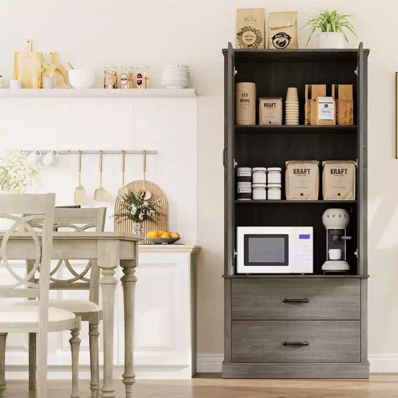 Garde-manger de cuisine moderne avec étagères réglables et 2 portes et tiroirs, Buffet pour salle à manger, salon, Blanc et gris rustique
