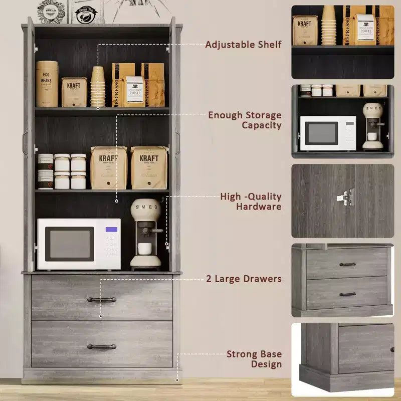 Garde-manger de cuisine moderne avec étagères réglables et 2 portes et tiroirs, Buffet pour salle à manger, salon, Blanc et gris rustique