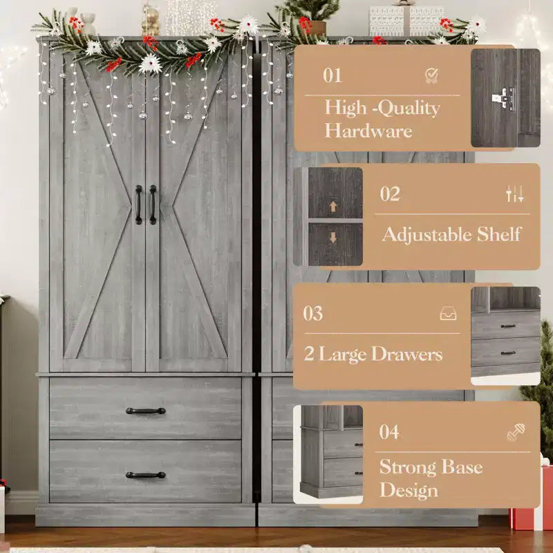 Garde-manger de cuisine moderne avec étagères réglables et 2 portes et tiroirs, Buffet pour salle à manger, salon, Blanc et gris rustique