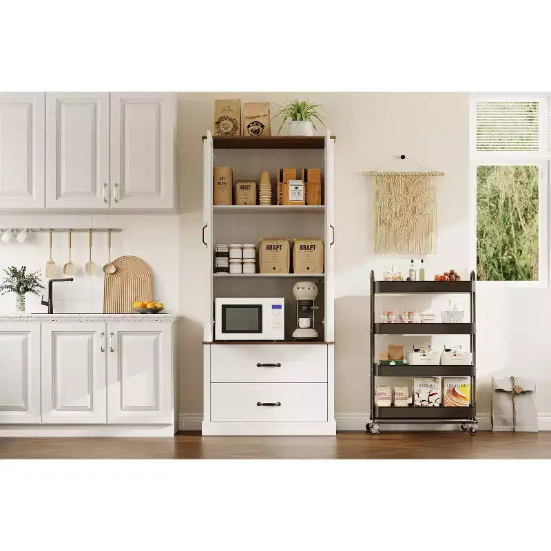 Garde-manger de cuisine moderne avec étagères réglables et 2 portes et tiroirs, Buffet pour salle à manger, salon, Blanc et gris rustique