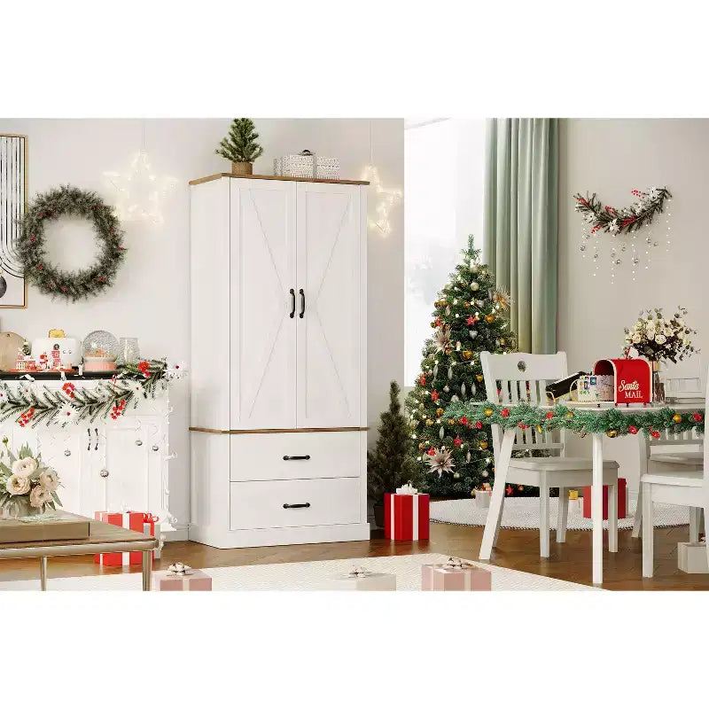 Garde-manger de cuisine moderne avec étagères réglables et 2 portes et tiroirs, Buffet pour salle à manger, salon, Blanc et gris rustique