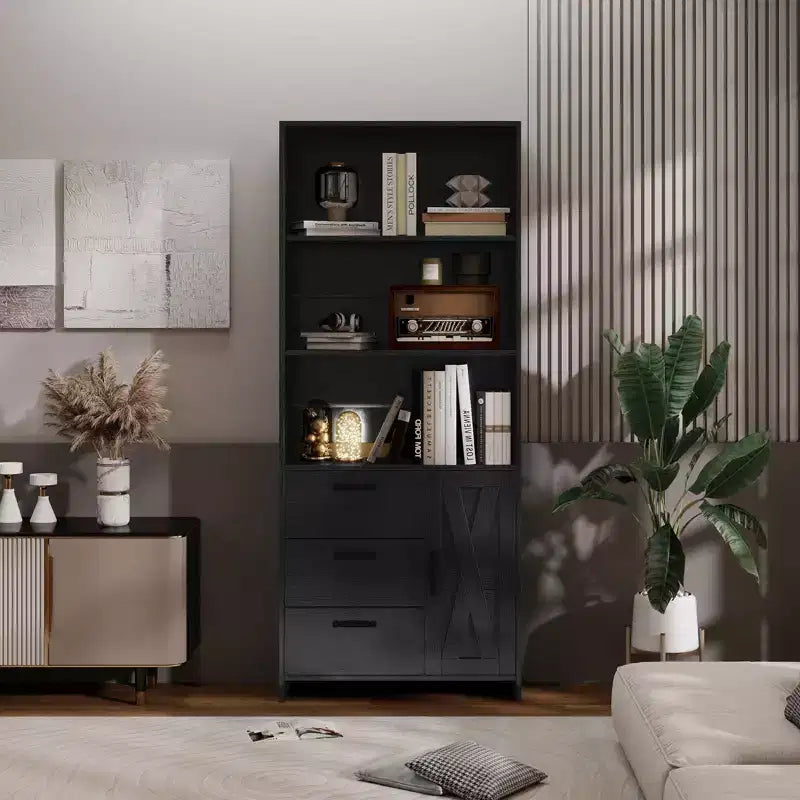 Bibliothèque à 6 niveaux avec porte et 3 tiroirs, bibliothèque de 180 cm de haut avec 3 étagères ouvertes, bibliothèque en bois avec armoire de rangement pour bureau à domicile, salon