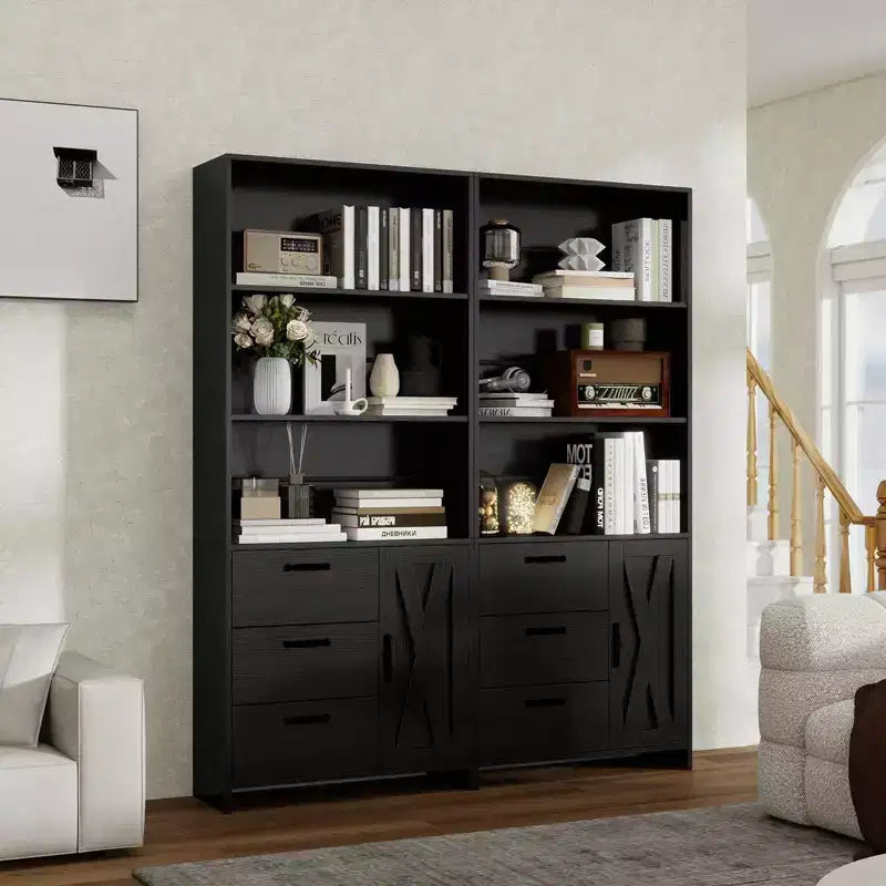 Bibliothèque à 6 niveaux avec porte et 3 tiroirs, bibliothèque de 180 cm de haut avec 3 étagères ouvertes, bibliothèque en bois avec armoire de rangement pour bureau à domicile, salon