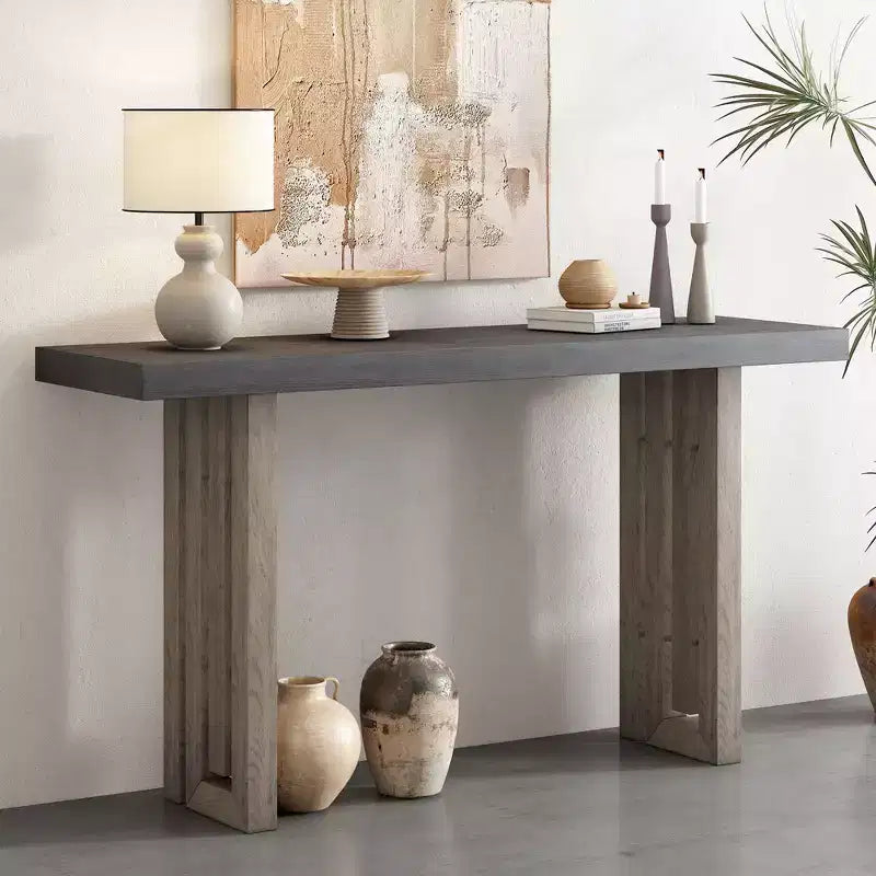 Console minimaliste avec placage de chêne, table d'entrée avec plateau et pieds épais, table d'appoint pour le salon, le couloir