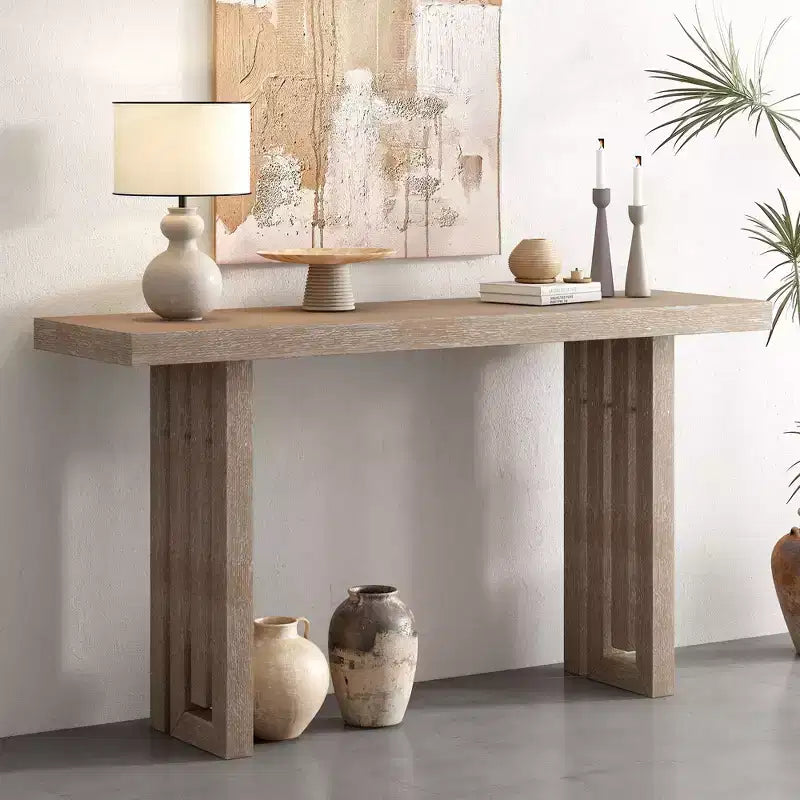 Console minimaliste avec placage de chêne, table d'entrée avec plateau et pieds épais, table d'appoint pour le salon, le couloir