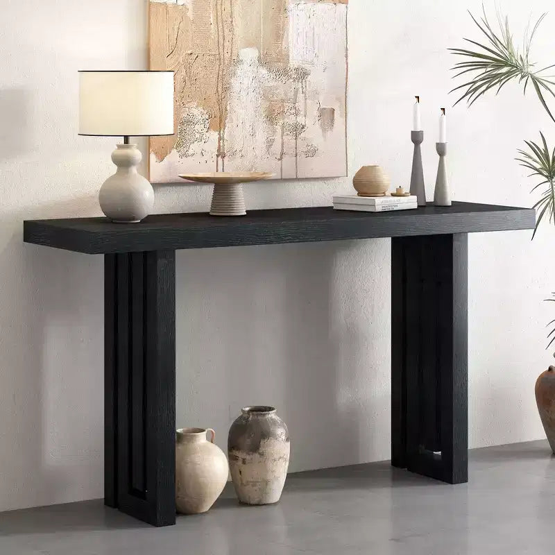 Console minimaliste avec placage de chêne, table d'entrée avec plateau et pieds épais, table d'appoint pour le salon, le couloir
