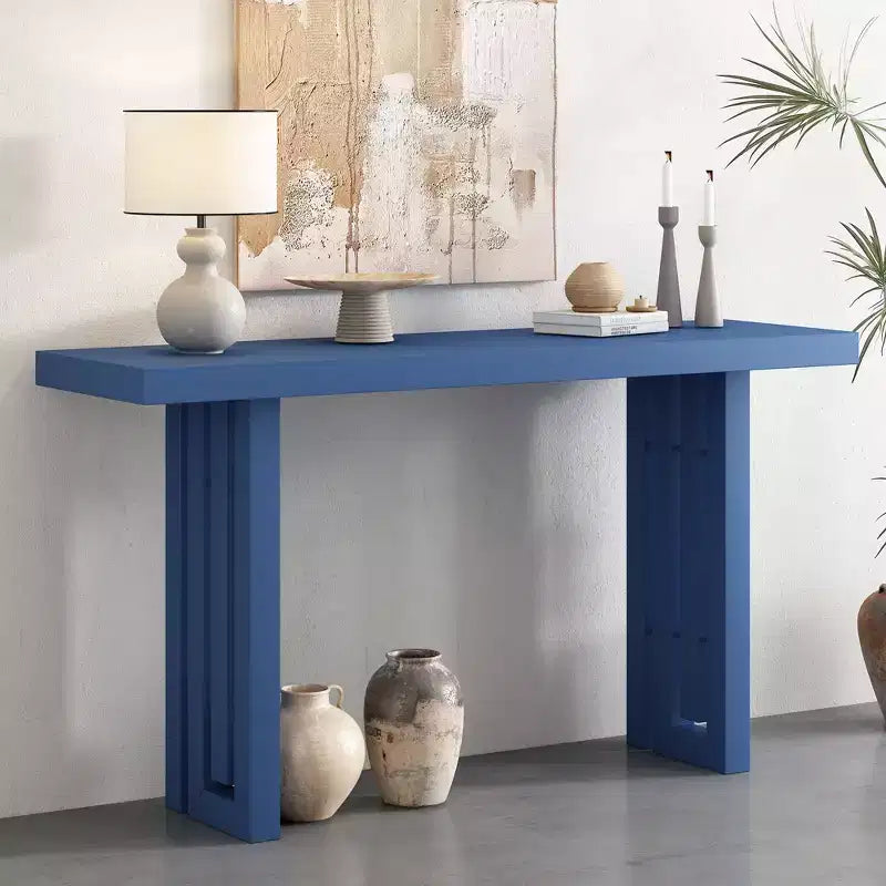Console minimaliste avec placage de chêne, table d'entrée avec plateau et pieds épais, table d'appoint pour le salon, le couloir