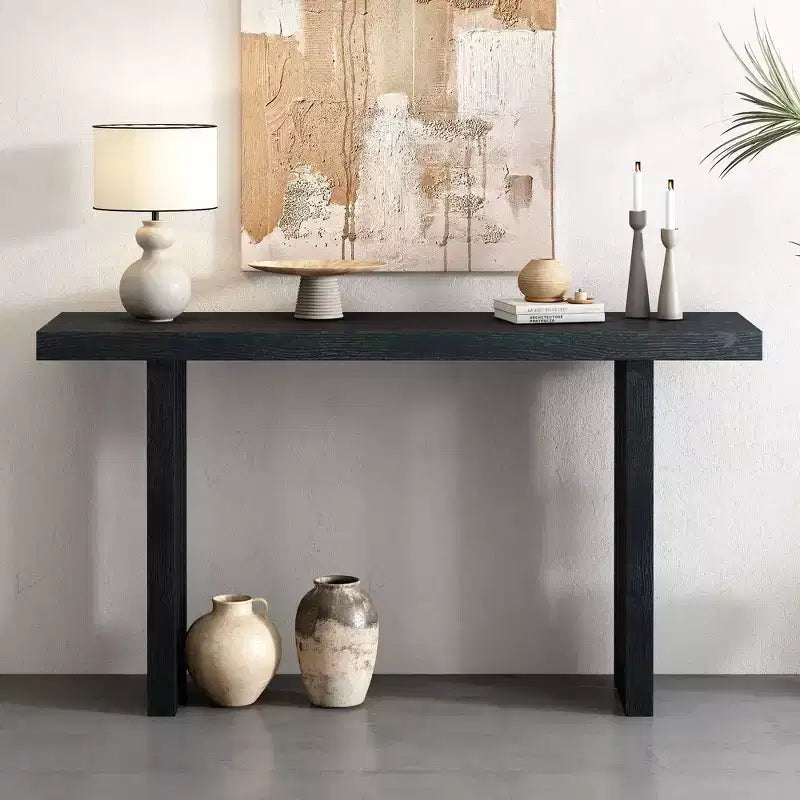 Console minimaliste avec placage de chêne, table d'entrée avec plateau et pieds épais, table d'appoint pour le salon, le couloir