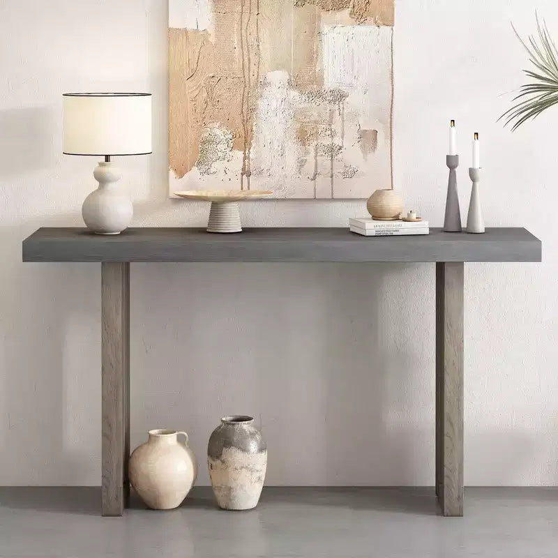 Console minimaliste avec placage de chêne, table d'entrée avec plateau et pieds épais, table d'appoint pour le salon, le couloir