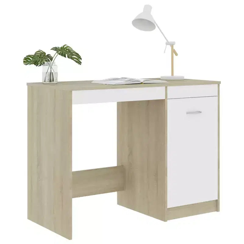 Bureau d'ordinateur en bois d'ingénierie blanc et chêne Sonoma, taille moyenne
