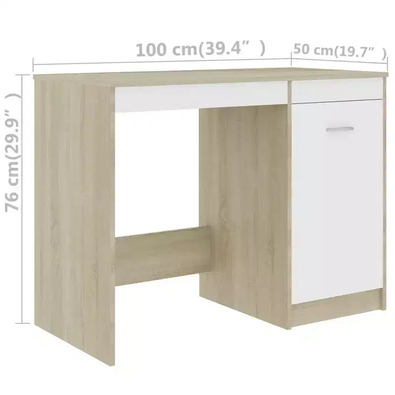 Bureau d'ordinateur en bois d'ingénierie blanc et chêne Sonoma, taille moyenne