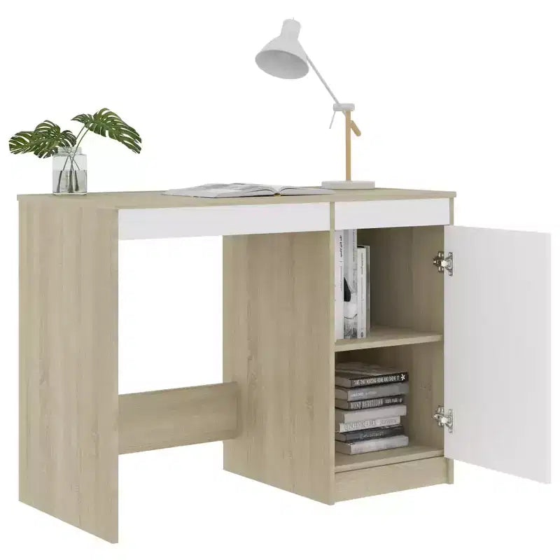 Bureau d'ordinateur en bois d'ingénierie blanc et chêne Sonoma, taille moyenne