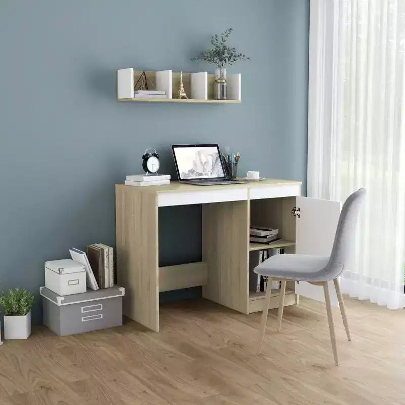 Bureau d'ordinateur en bois d'ingénierie blanc et chêne Sonoma, taille moyenne