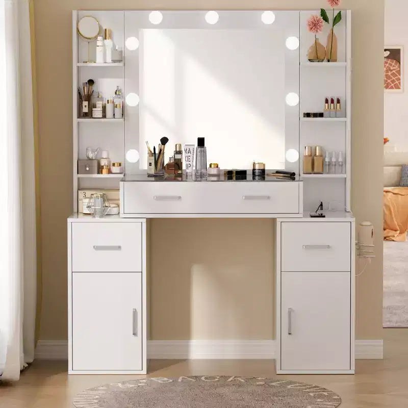 Coiffeuse avec miroir et lumières, plateau en verre, station de charge, miroir, table de chevet, 3 modes d'éclairage, blanc