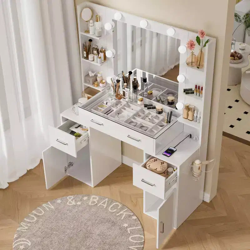 Coiffeuse avec miroir et lumières, plateau en verre, station de charge, miroir, table de chevet, 3 modes d'éclairage, blanc