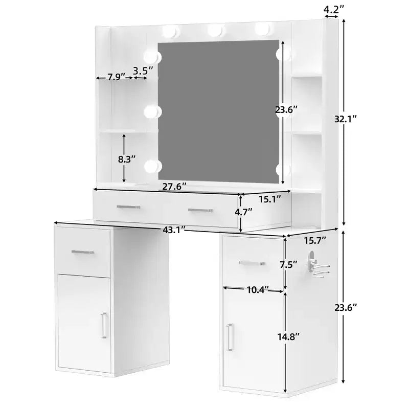 Coiffeuse avec miroir et lumières, plateau en verre, station de charge, miroir, table de chevet, 3 modes d'éclairage, blanc