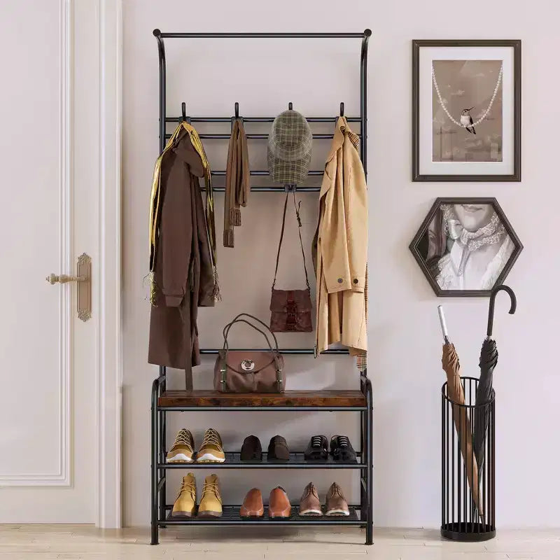 Banc à chaussures porte-manteau 4 en 1 avec 8 patères pour les petits espaces