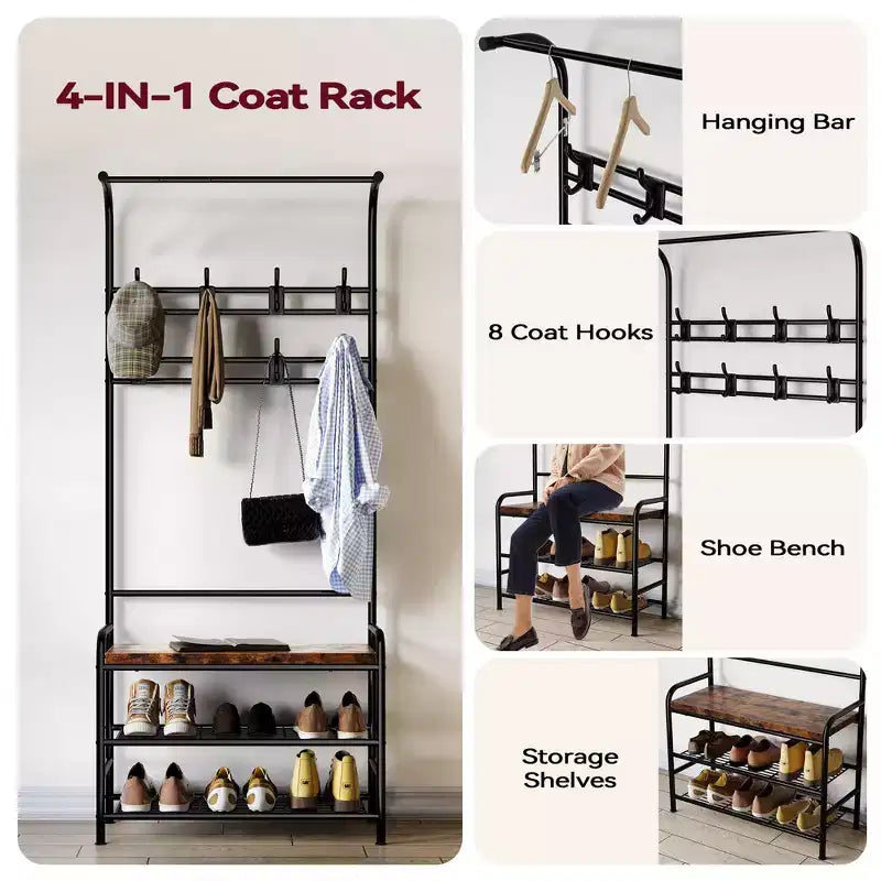 Banc à chaussures porte-manteau 4 en 1 avec 8 patères pour les petits espaces