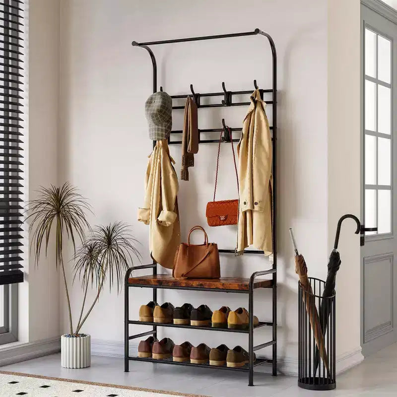 4-in-1 Hall Tree Shoe Bench  Entryway Coat Rack with 8 Hooks for Small Spaces