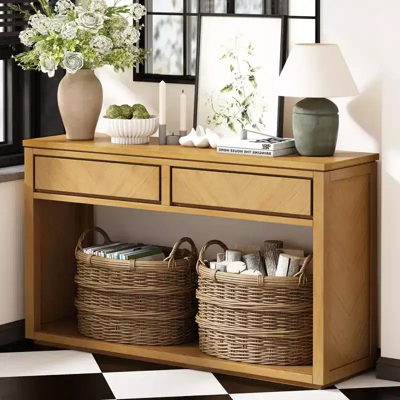 Table console rustique 55 po avec 2 tiroirs, table d'entrée avec étagère ouverte, table de couloir pour salon, chambre, foyer, naturel