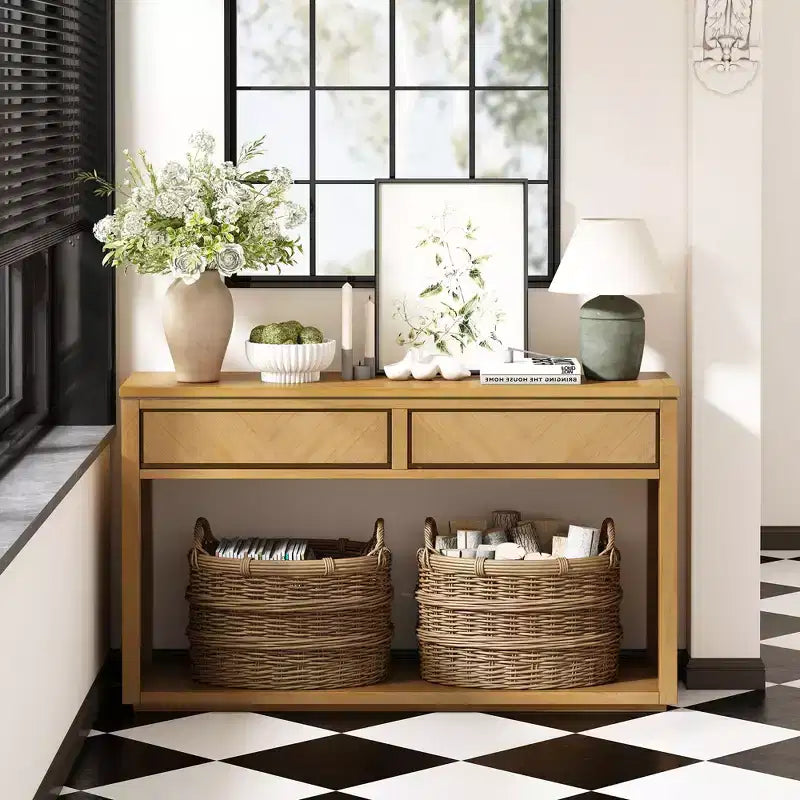 Table console rustique 55 po avec 2 tiroirs, table d'entrée avec étagère ouverte, table de couloir pour salon, chambre, foyer, naturel