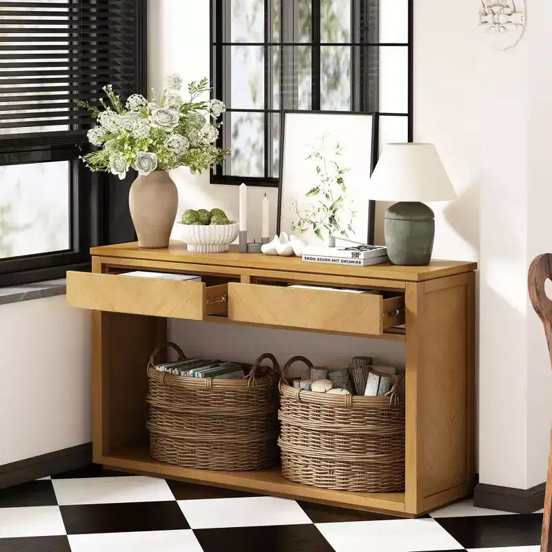 Table console rustique 55 po avec 2 tiroirs, table d'entrée avec étagère ouverte, table de couloir pour salon, chambre, foyer, naturel