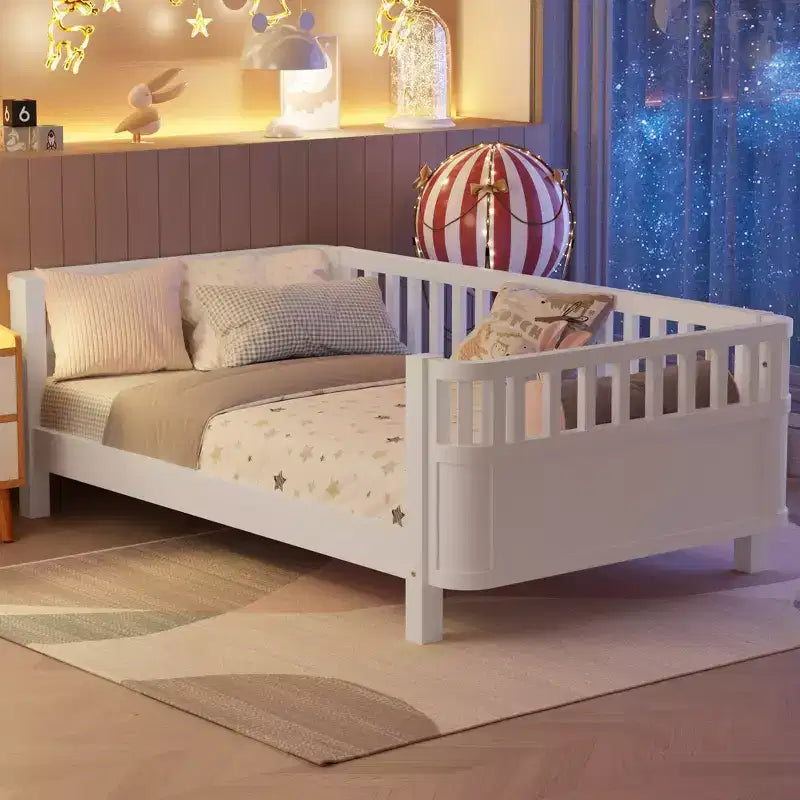 Lit plateforme double avec barrières pour filles et garçons, cadre en bois robuste