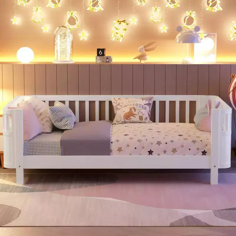 Lit plateforme double avec barrières pour filles et garçons, cadre en bois robuste