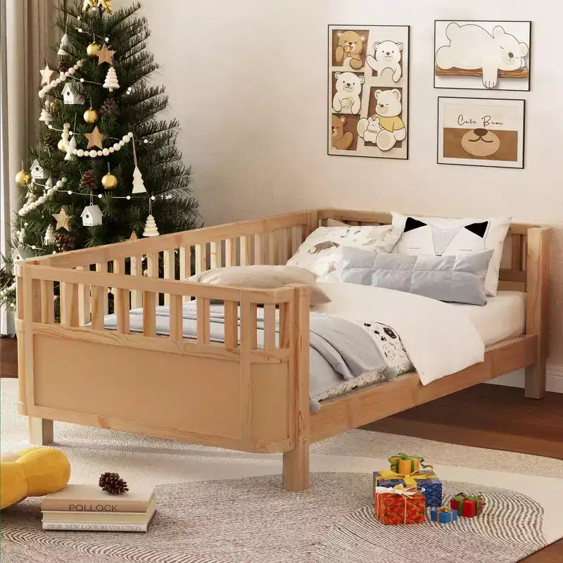 Lit plateforme double avec barrières pour filles et garçons, cadre en bois robuste