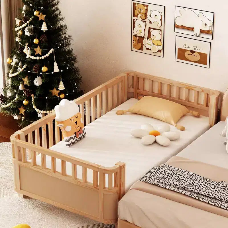 Lit plateforme double avec barrières pour filles et garçons, cadre en bois robuste