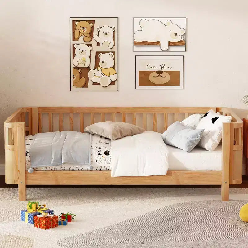 Lit plateforme double avec barrières pour filles et garçons, cadre en bois robuste