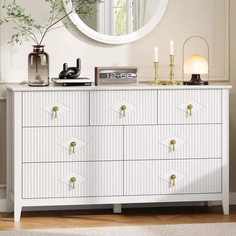 Commode à 7 tiroirs cannelés de 54 po – Armoire de rangement moderne en bois pour chambre et salon