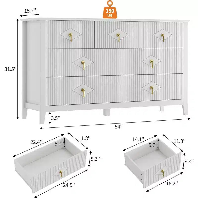 Commode à 7 tiroirs cannelés de 54 po – Armoire de rangement moderne en bois pour chambre et salon