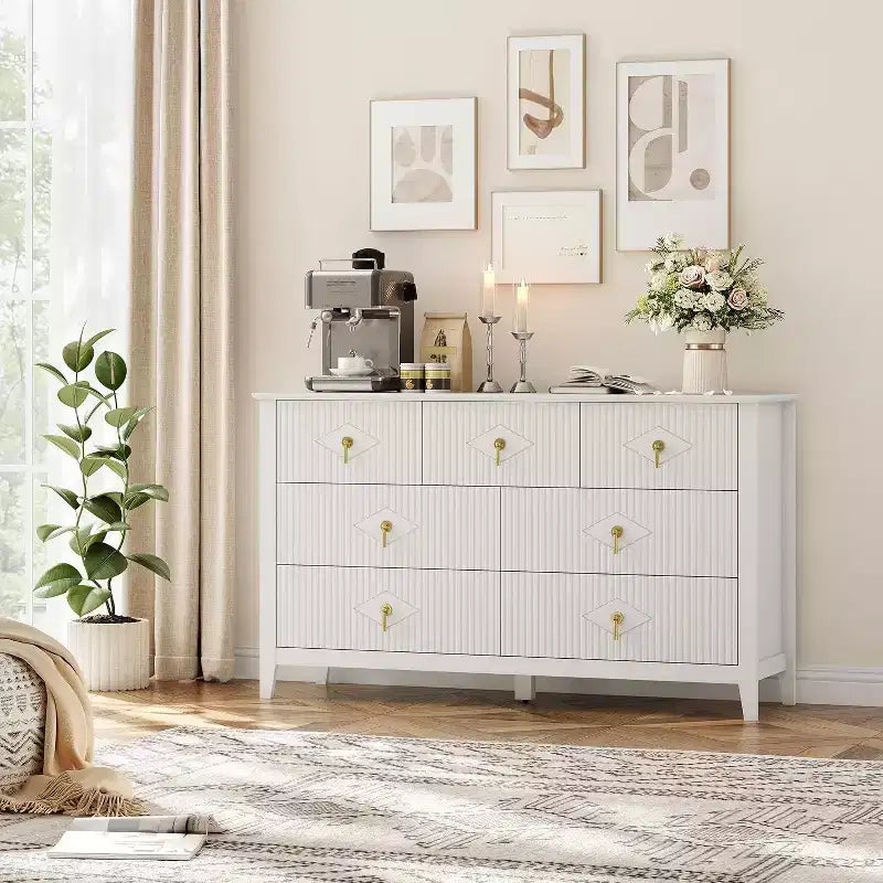 Commode à 7 tiroirs cannelés de 54 po – Armoire de rangement moderne en bois pour chambre et salon