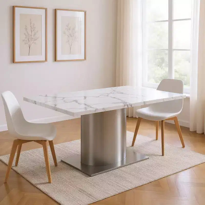 Table à manger avec piédestal en marbre gris, blanc et argent et acier inoxydable de 72 po