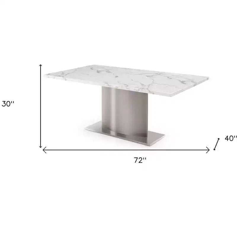 Table à manger avec piédestal en marbre gris, blanc et argent et acier inoxydable de 72 po