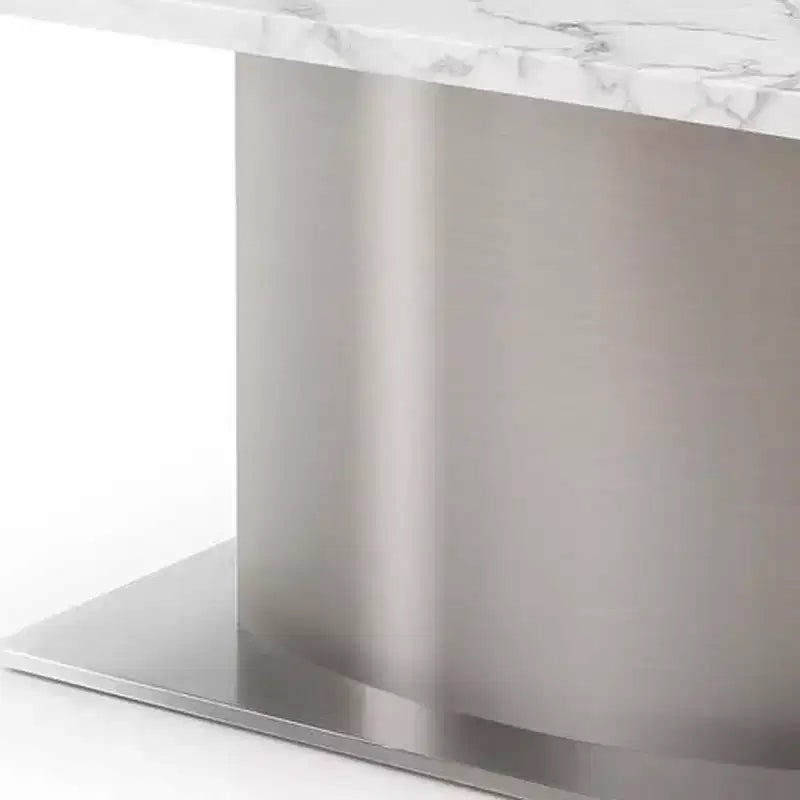 Table à manger avec piédestal en marbre gris, blanc et argent et acier inoxydable de 72 po