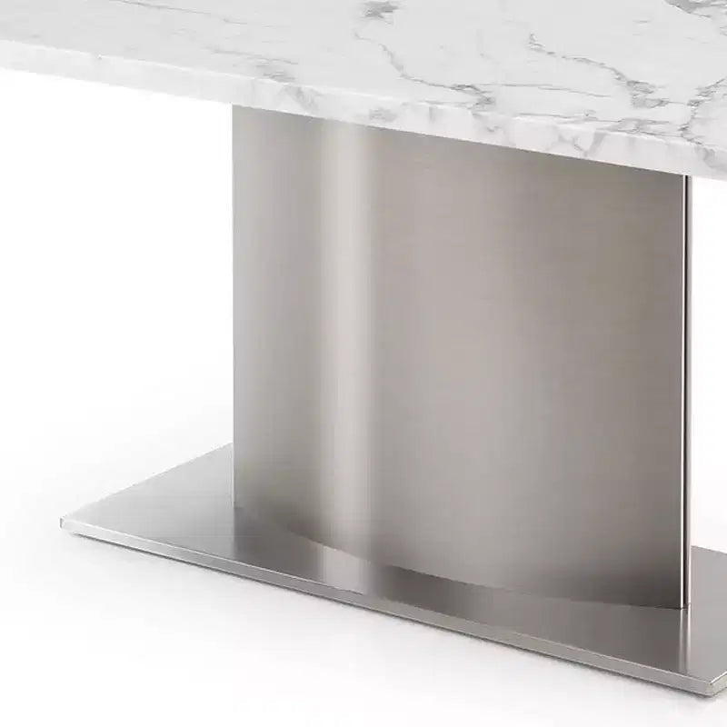 Table à manger avec piédestal en marbre gris, blanc et argent et acier inoxydable de 72 po
