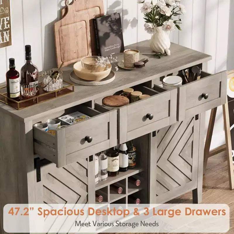 Meuble de bar à café de style ferme avec porte coulissante, buffet avec casier à vin et 3 tiroirs