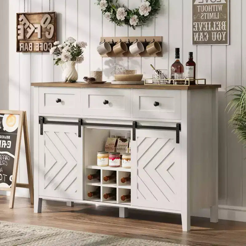 Meuble de bar à café de style ferme avec porte coulissante, buffet avec casier à vin et 3 tiroirs
