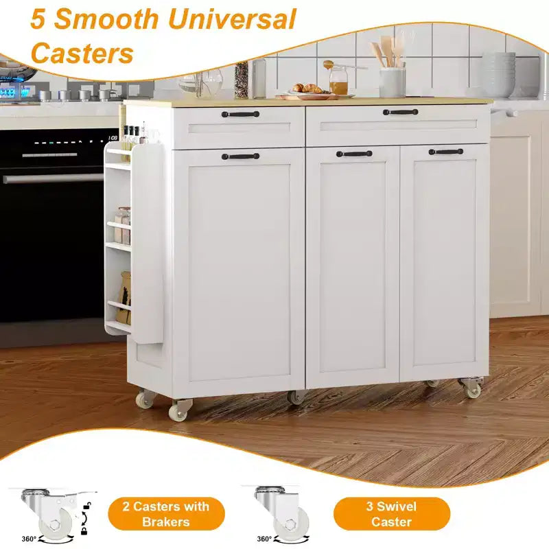 Îlot de cuisine mobile avec prise de courant et abattant, desserte roulante multifonctionnelle avec rangement, porte-épices et porte-serviettes