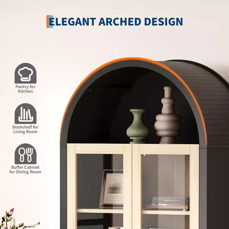 Meuble de rangement haut de 70 po avec étagères réglables, armoire de garde-manger moderne en bois avec lumières LED, portes en verre trempé et 3 tiroirs