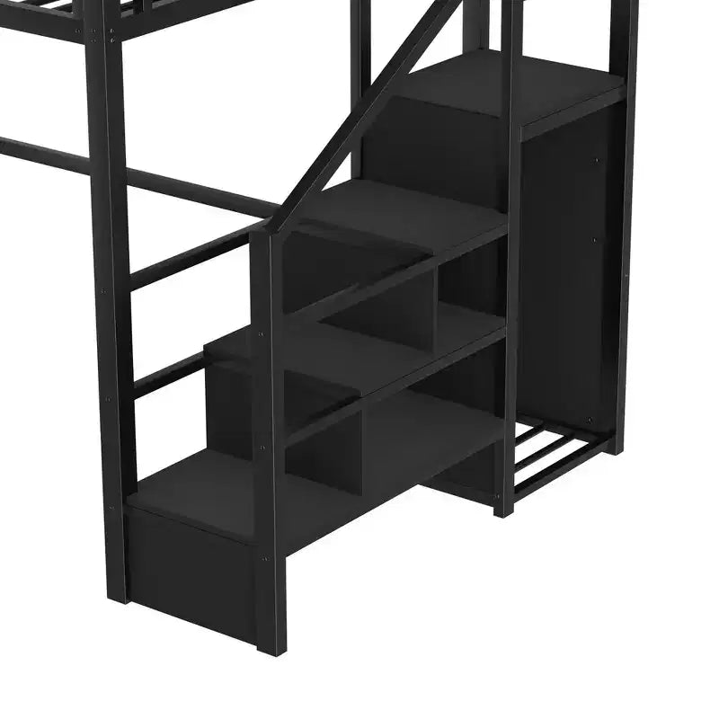Lit mezzanine en métal pleine grandeur avec escalier, balustrades hautes en forme de maison et armoire pour enfants et adolescents