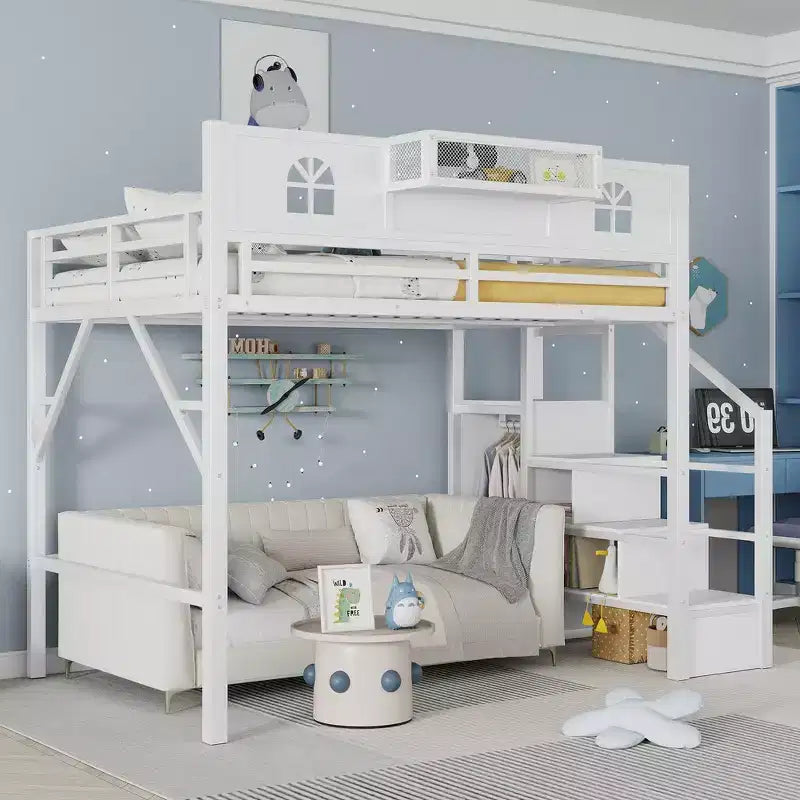 Lit mezzanine en métal pleine grandeur avec escalier, balustrades hautes en forme de maison et armoire pour enfants et adolescents