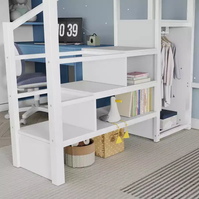 Lit mezzanine en métal pleine grandeur avec escalier, balustrades hautes en forme de maison et armoire pour enfants et adolescents