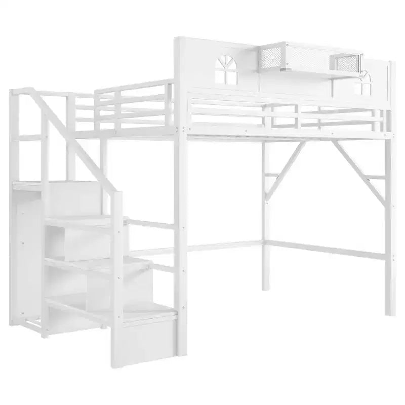 Lit mezzanine en métal pleine grandeur avec escalier, balustrades hautes en forme de maison et armoire pour enfants et adolescents