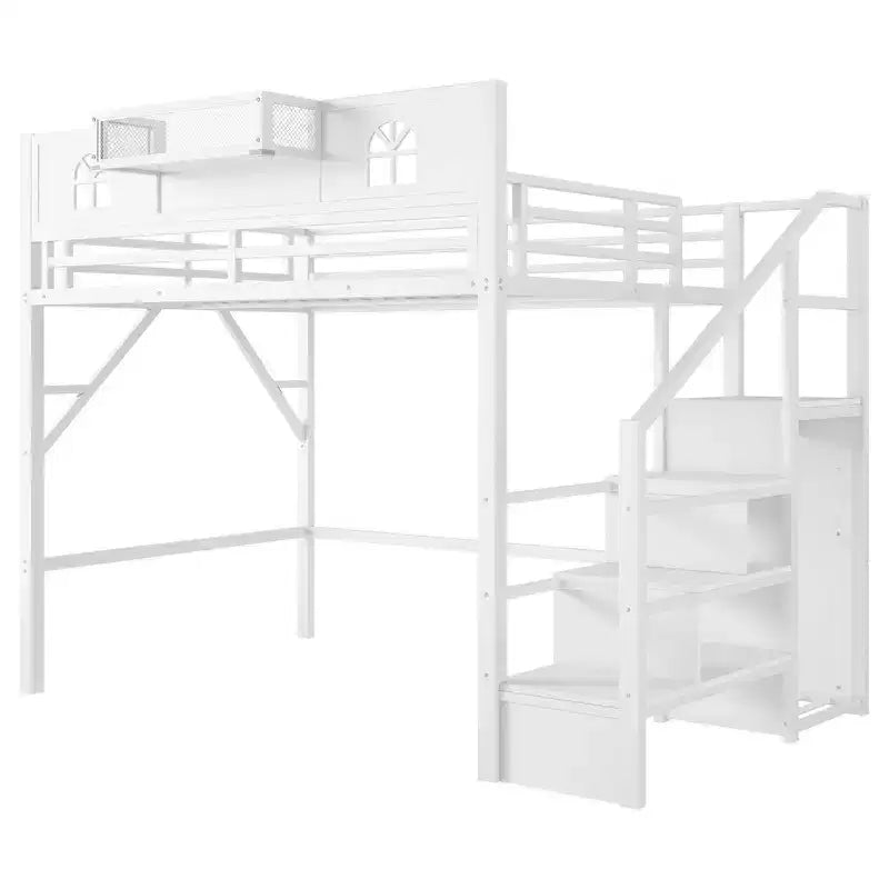 Lit mezzanine en métal pleine grandeur avec escalier, balustrades hautes en forme de maison et armoire pour enfants et adolescents