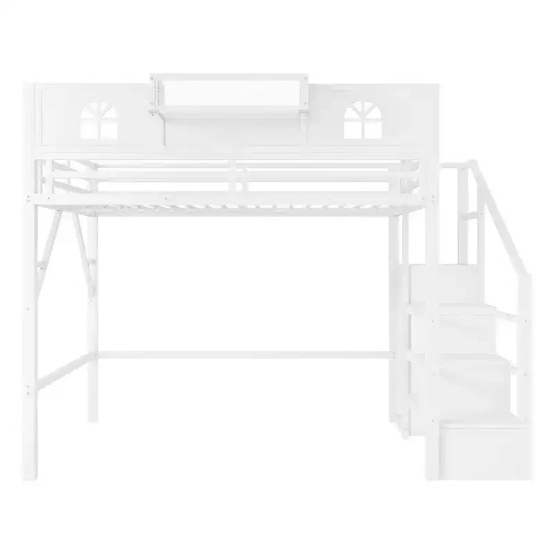Lit mezzanine en métal pleine grandeur avec escalier, balustrades hautes en forme de maison et armoire pour enfants et adolescents